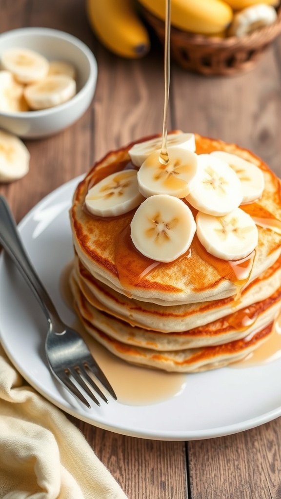 Fluffy Banana Pancakes Recipe for One Fluffy banana pancakes topped with banana slices and syrup on a rustic table.